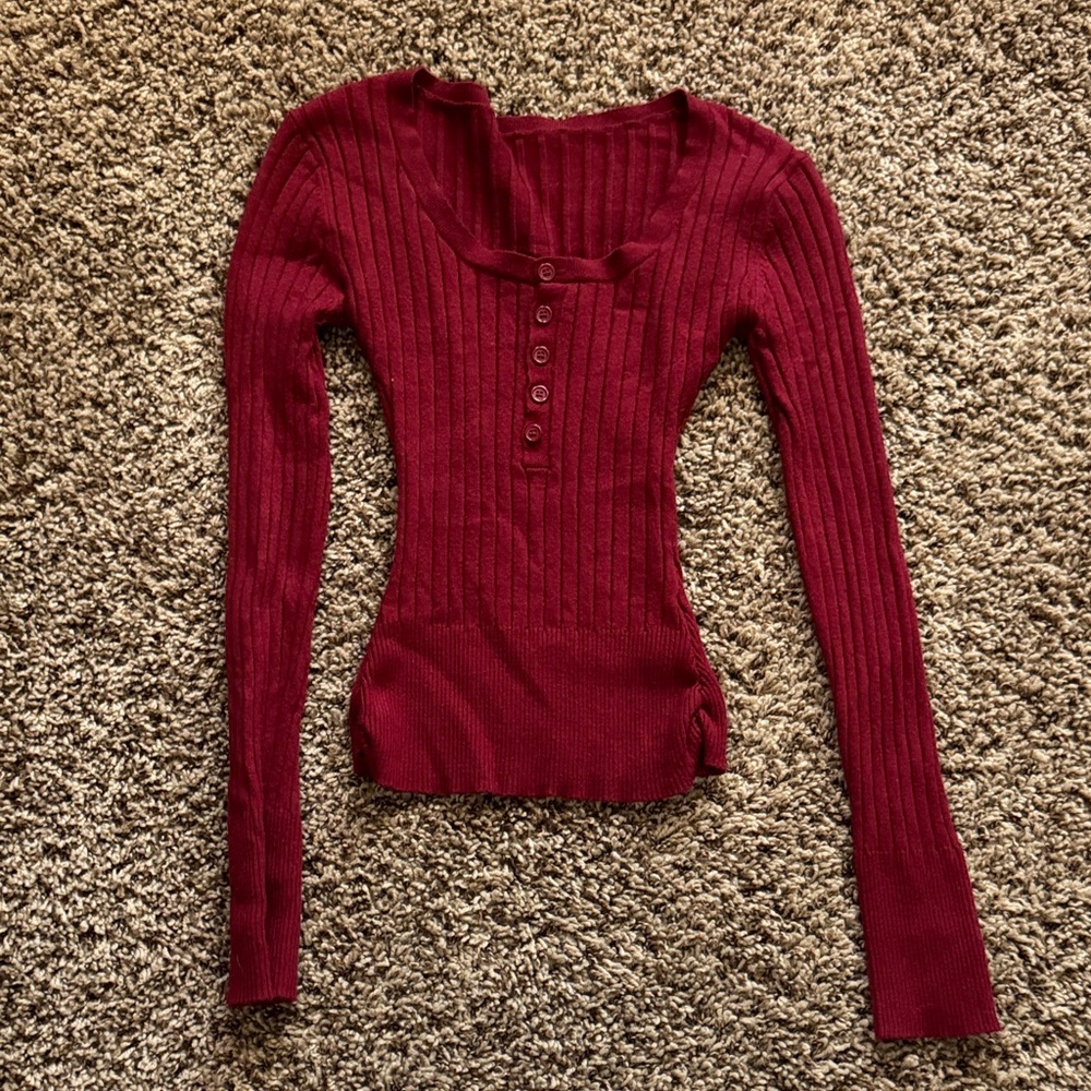 Women's Ribbed Red Long Sleeve Top
